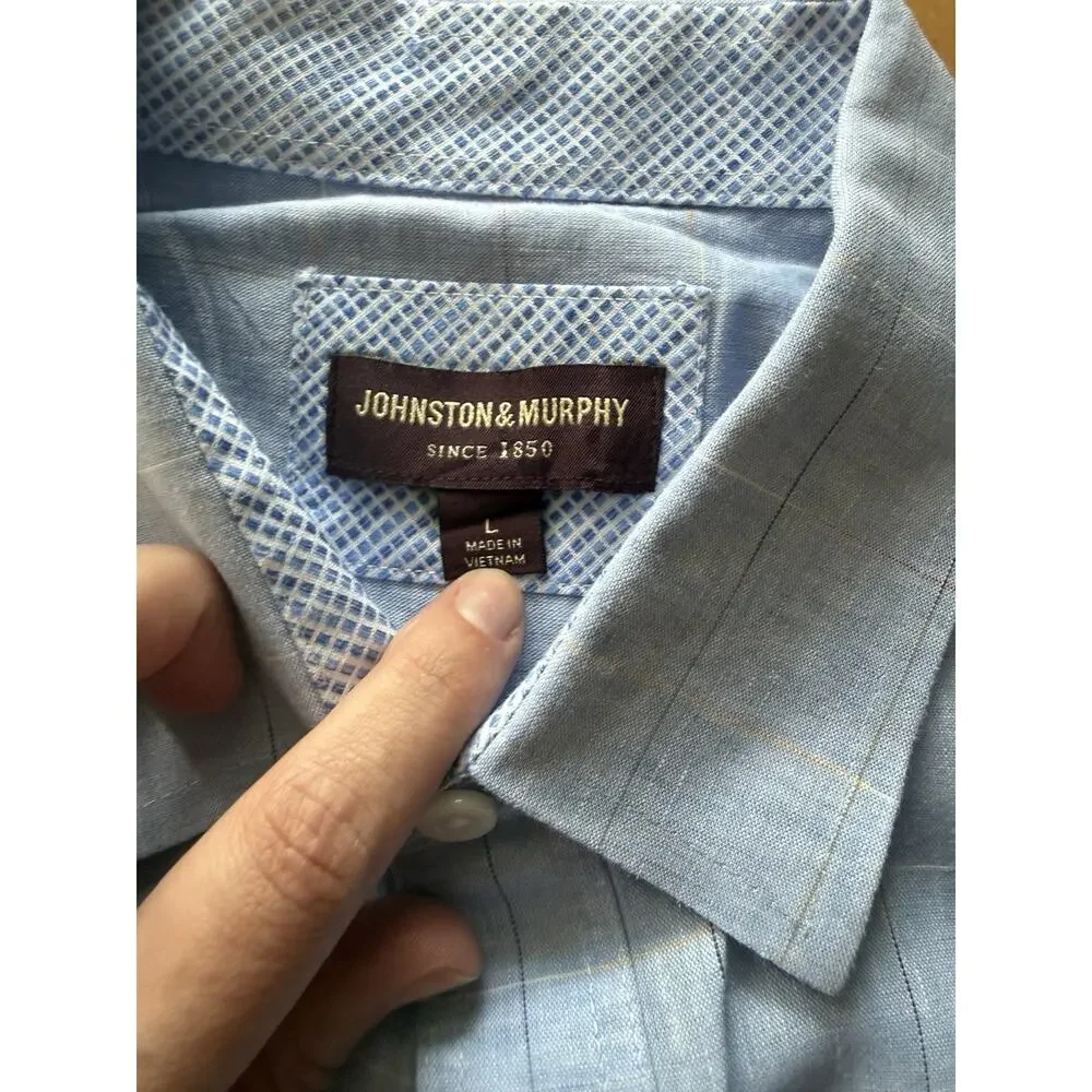 Johnston & Murphy Linen Cotton Long Sleeve Button Up Blue Check Shirt L